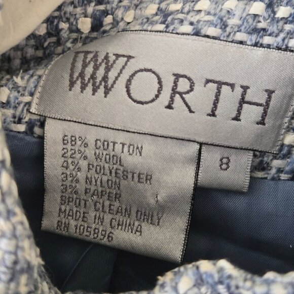 Worth Blue Tweed Pearl Accent Snap Closure Unique Rare Wool Blend  Jacket Size 8 - Picture 8 of 8